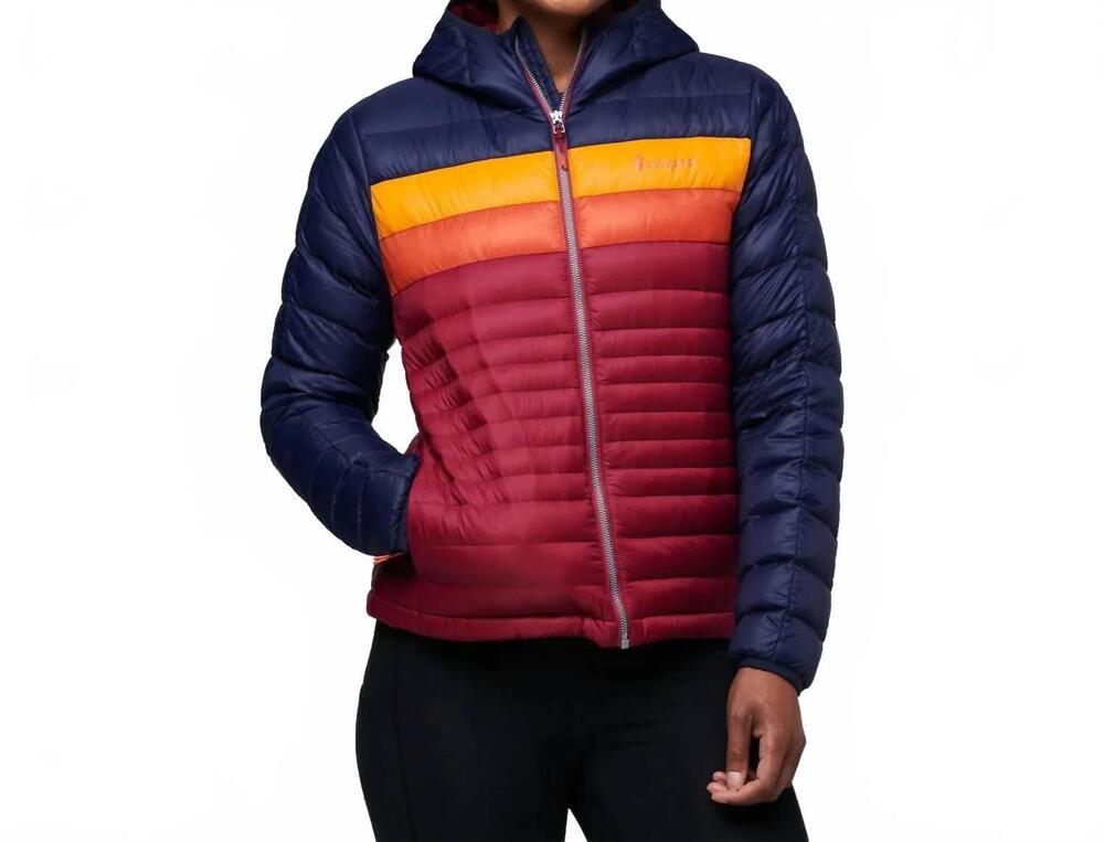 NEW COTOPAXI fuego down hooded jacket in maritime & raspberry